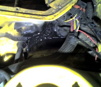 After welding and priming (still wet), all it needs now is epoxy sealant on the inside, and silicon sealant on the outside, and the repair will be done.  I'll also have to re-seal the hood-release cable due to the heat from the weld.