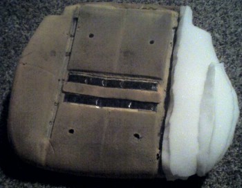 I used foam to repair the crushed edge of the seat-pan and the hole in the side of the seat-back.  Because it isn't as dense as the original foam, I cut it over-sized and relied on the seat-cover to compress it into shape...